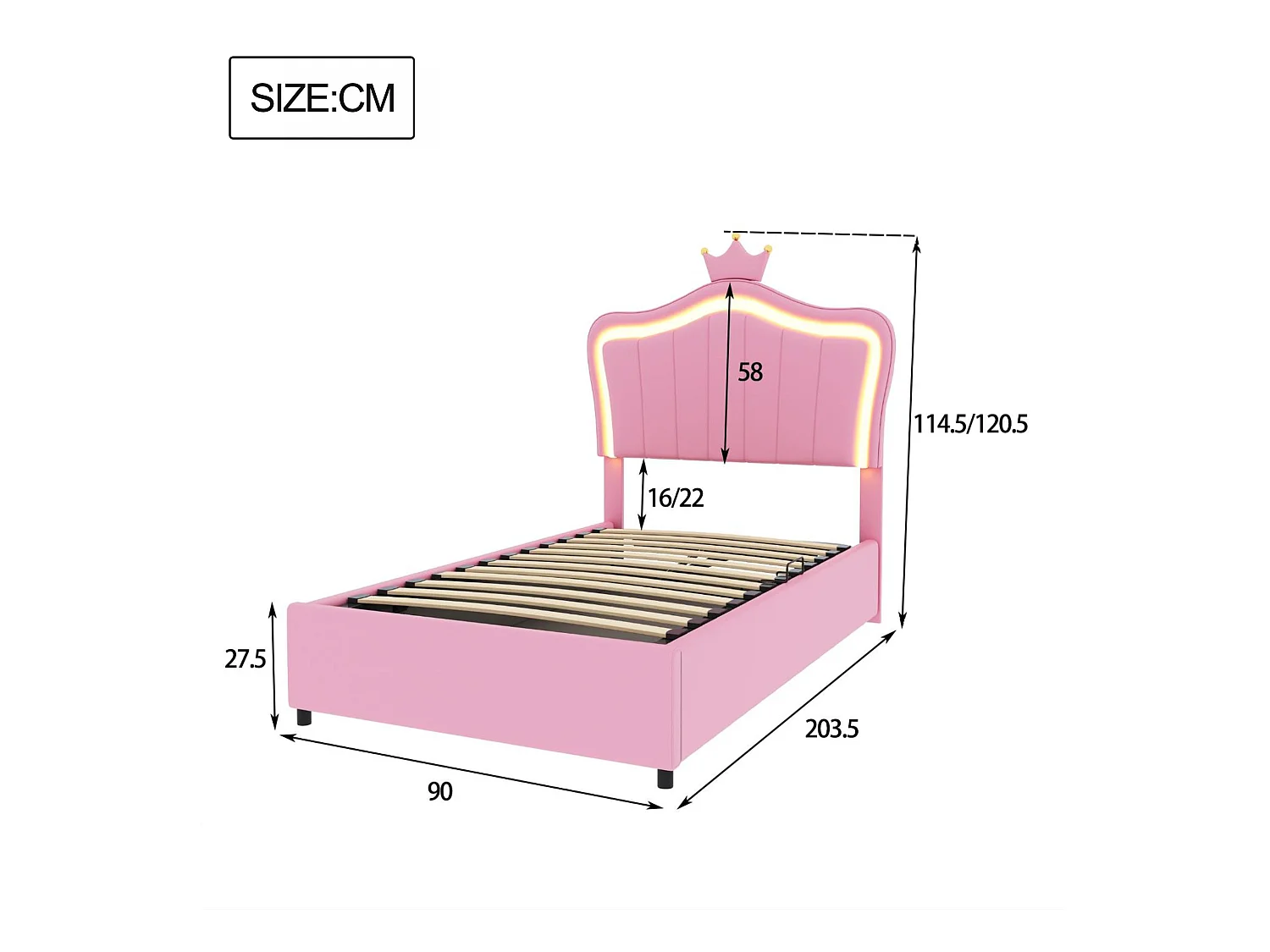 Bettkasten aus Kunstleder, 90 x 200 cm – mit LED und Lattenrost – Rosa
