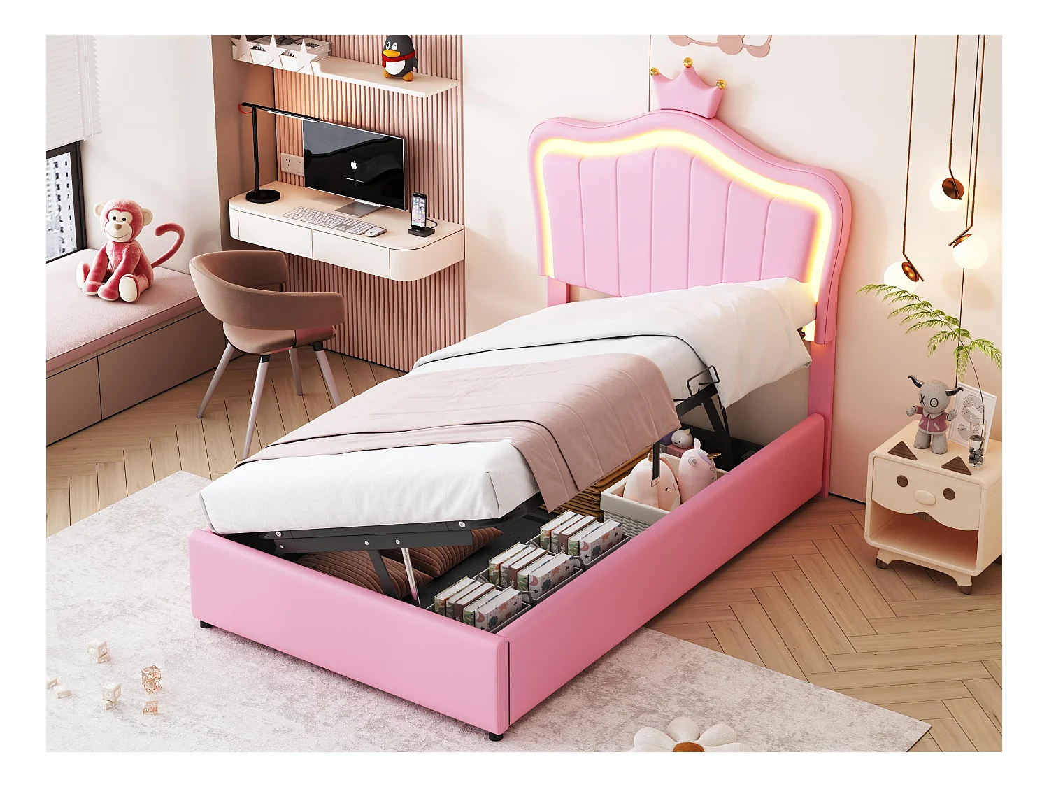 Lit coffre en similicuir 90x200 cm - avec LED et sommier à lattes - Rose