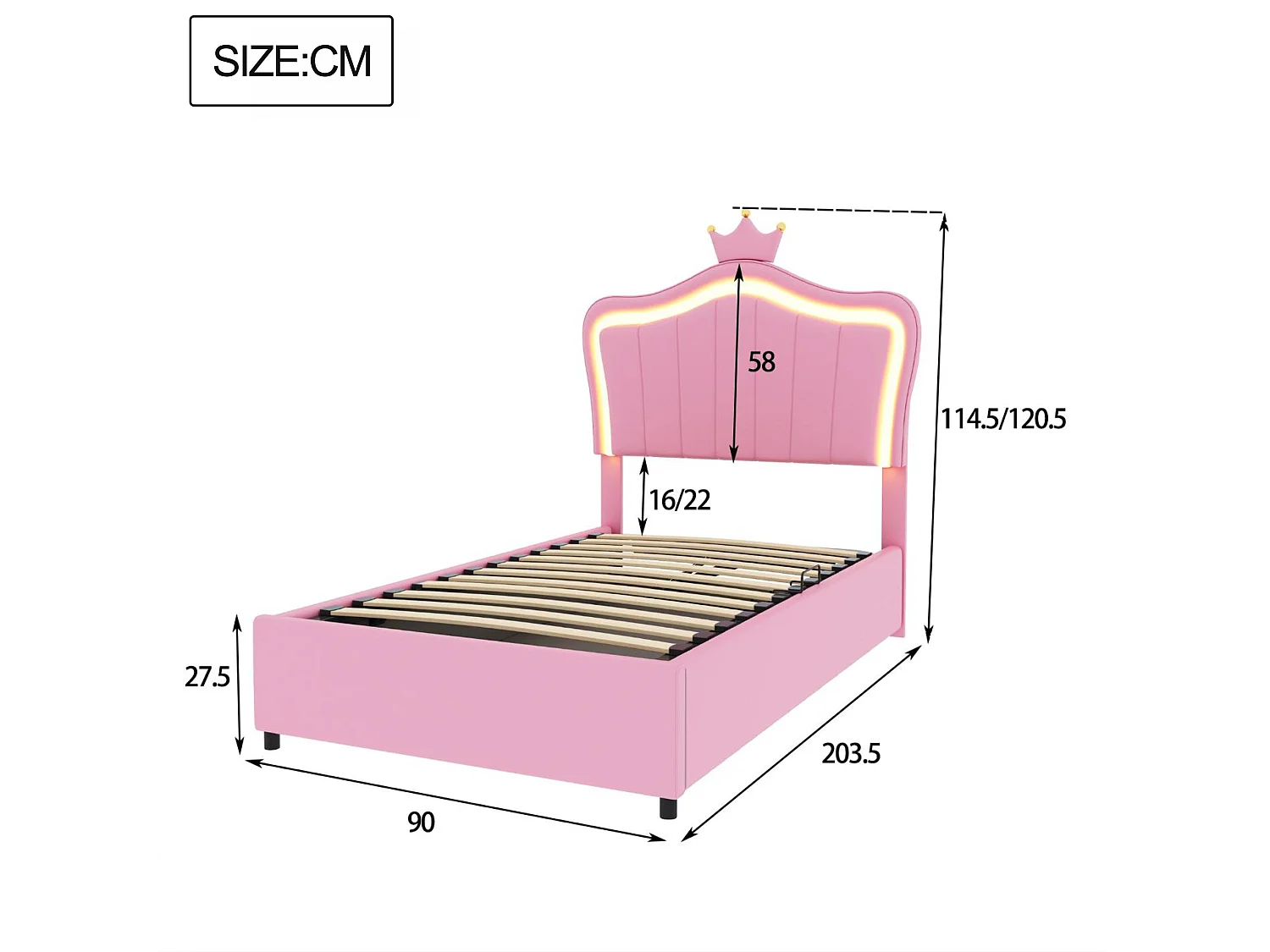 Imitatieleren opbergbed 90x200 cm - met LED en lattenbodem - Roze
