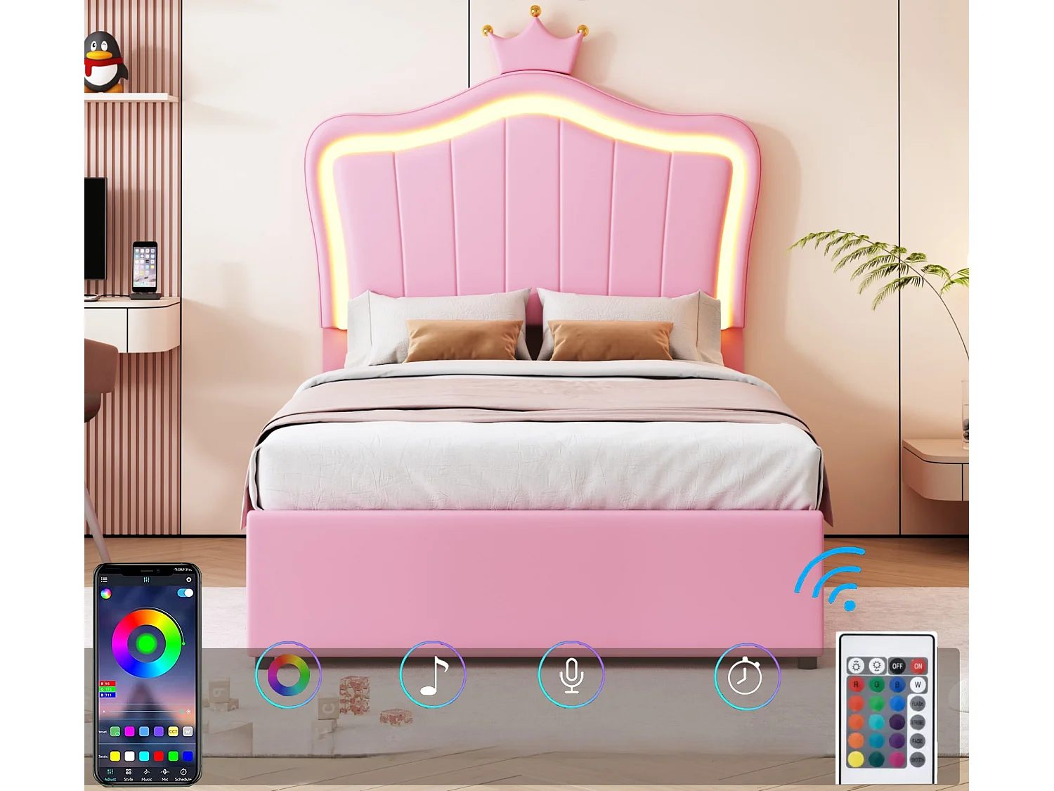 Imitatieleren opbergbed 90x200 cm - met LED en lattenbodem - Roze
