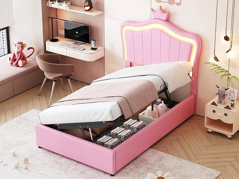 Bettkasten aus Kunstleder, 90 x 200 cm – mit LED und Lattenrost – Rosa