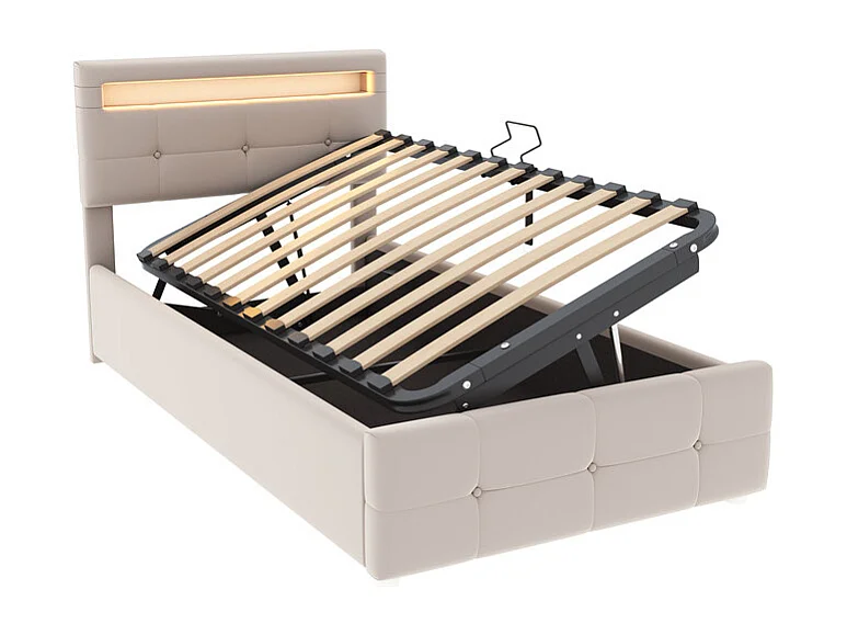 Lit coffre 90x200cm capitonné en velours - avec LED et sommier à lattes - Beige