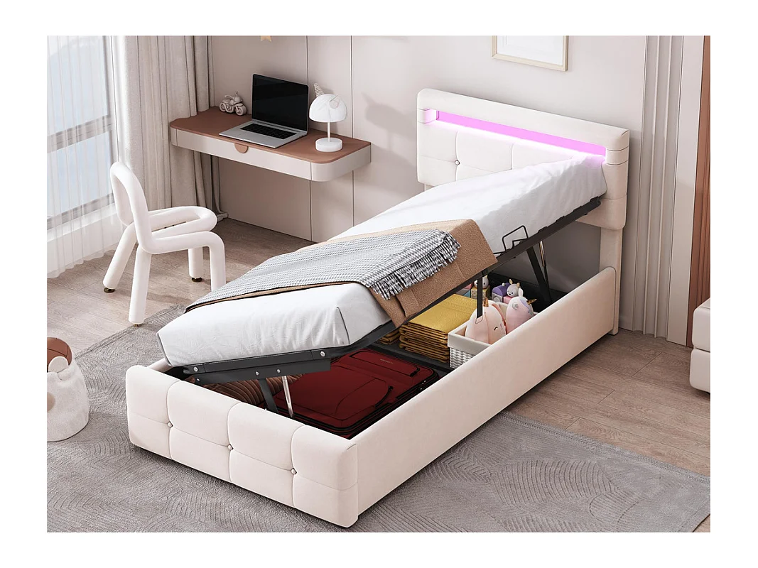 Łóżko tapicerowane 90x200cm z weluru - z LED i stelażem na listwy - Beżowe