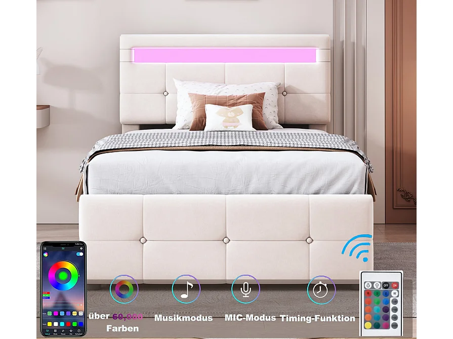 Lit coffre 90x200cm capitonné en velours - avec LED et sommier à lattes - Beige