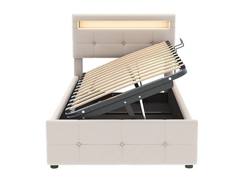 Lit coffre 90x200cm capitonné en velours - avec LED et sommier à lattes - Beige