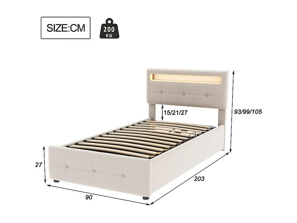 Lit coffre 90x200cm capitonné en velours - avec LED et sommier à lattes - Beige