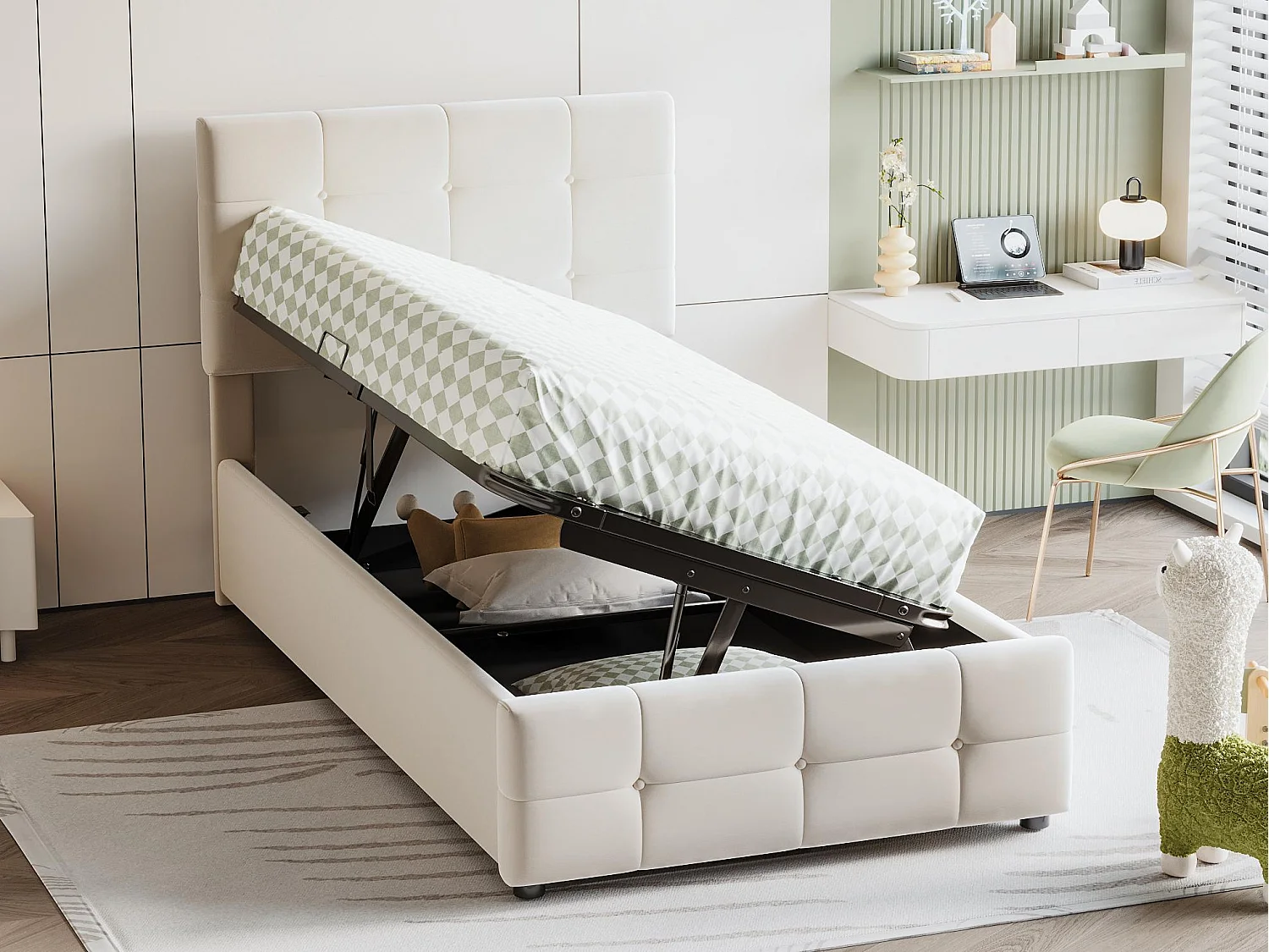 Lit coffre capitonné 90x200cm en velours - Beige