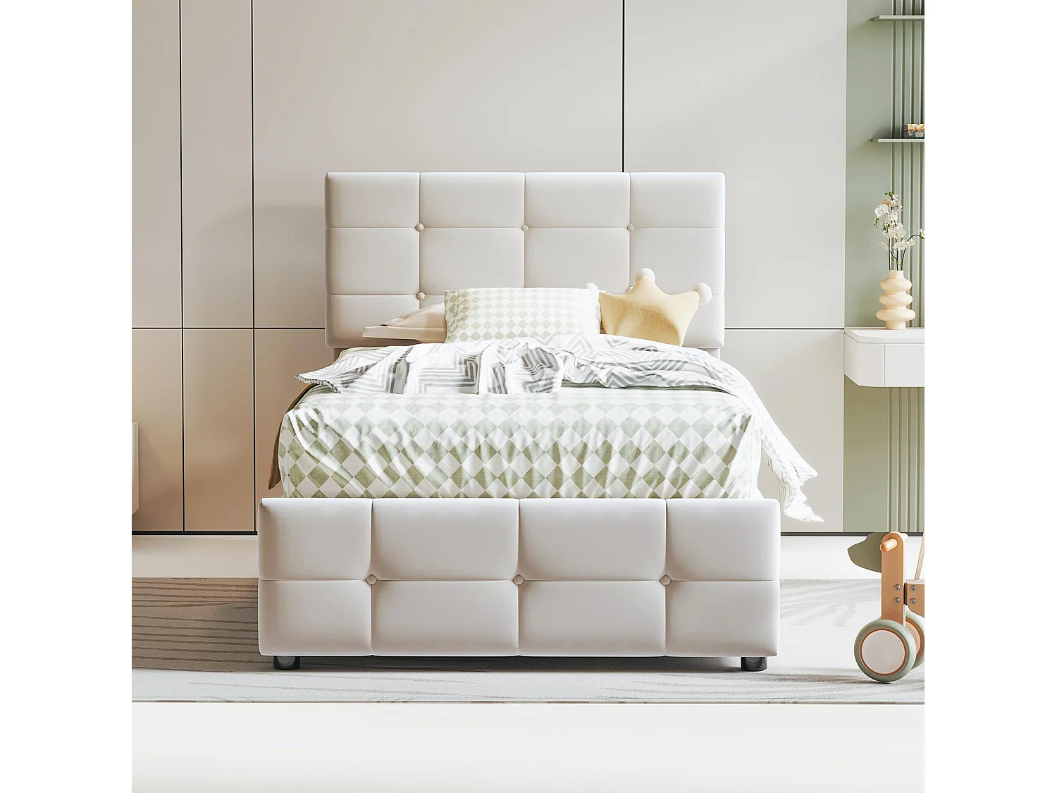 Lit coffre capitonné 90x200cm en velours - Beige