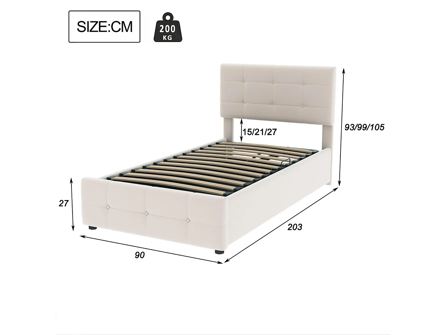 Lit coffre capitonné 90x200cm en velours - Beige