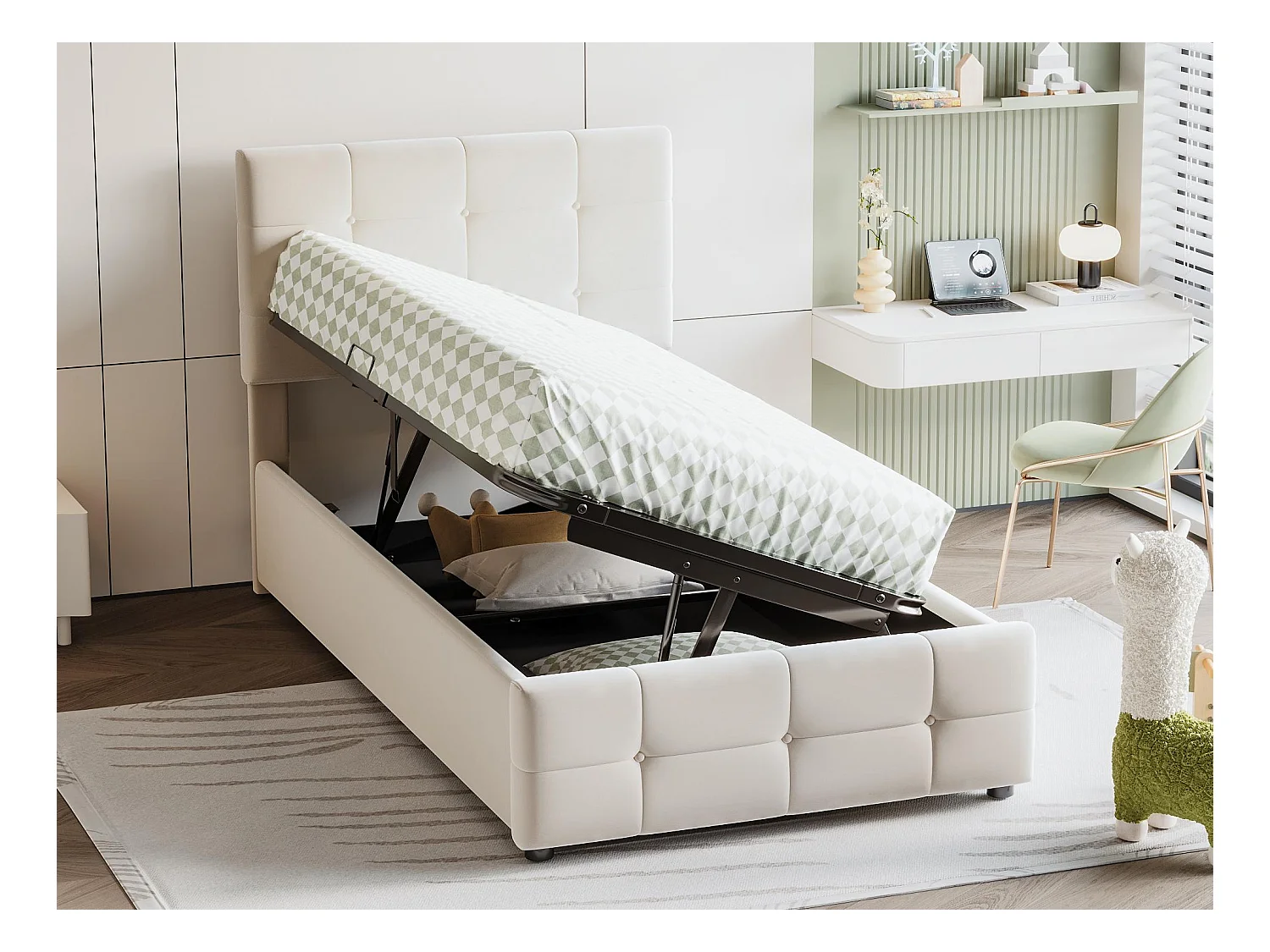 Lit coffre capitonné 90x200cm en velours - Beige