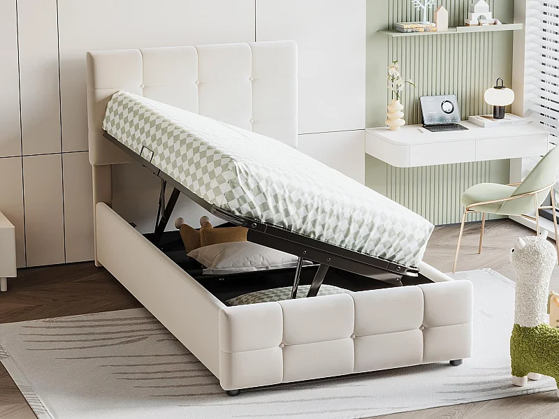 Cama de arrumação acolchoada 90x200cm em veludo - Bege