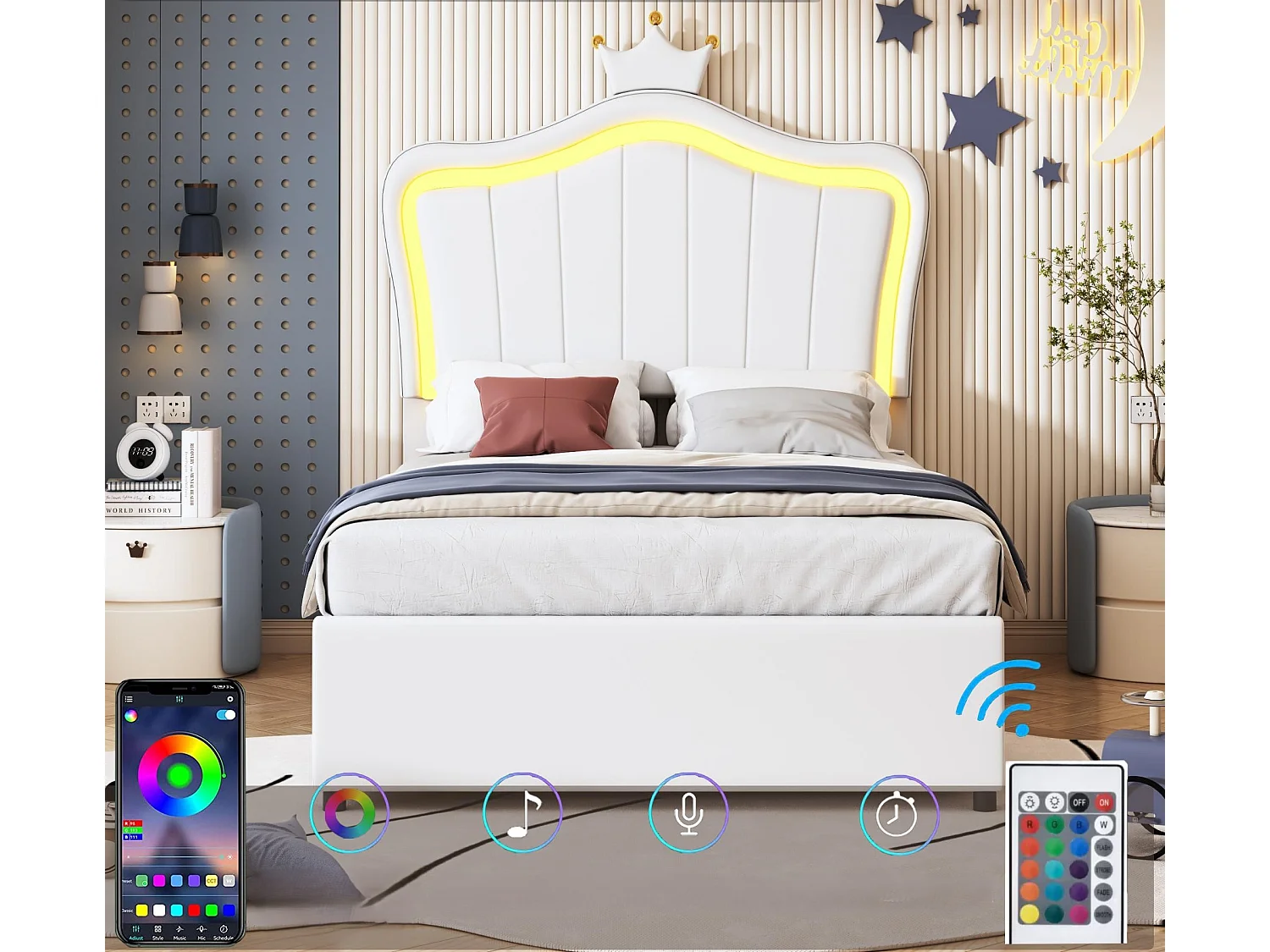 Bettkasten aus Kunstleder, 90 x 200 cm – mit LED und Lattenrost – Weiß