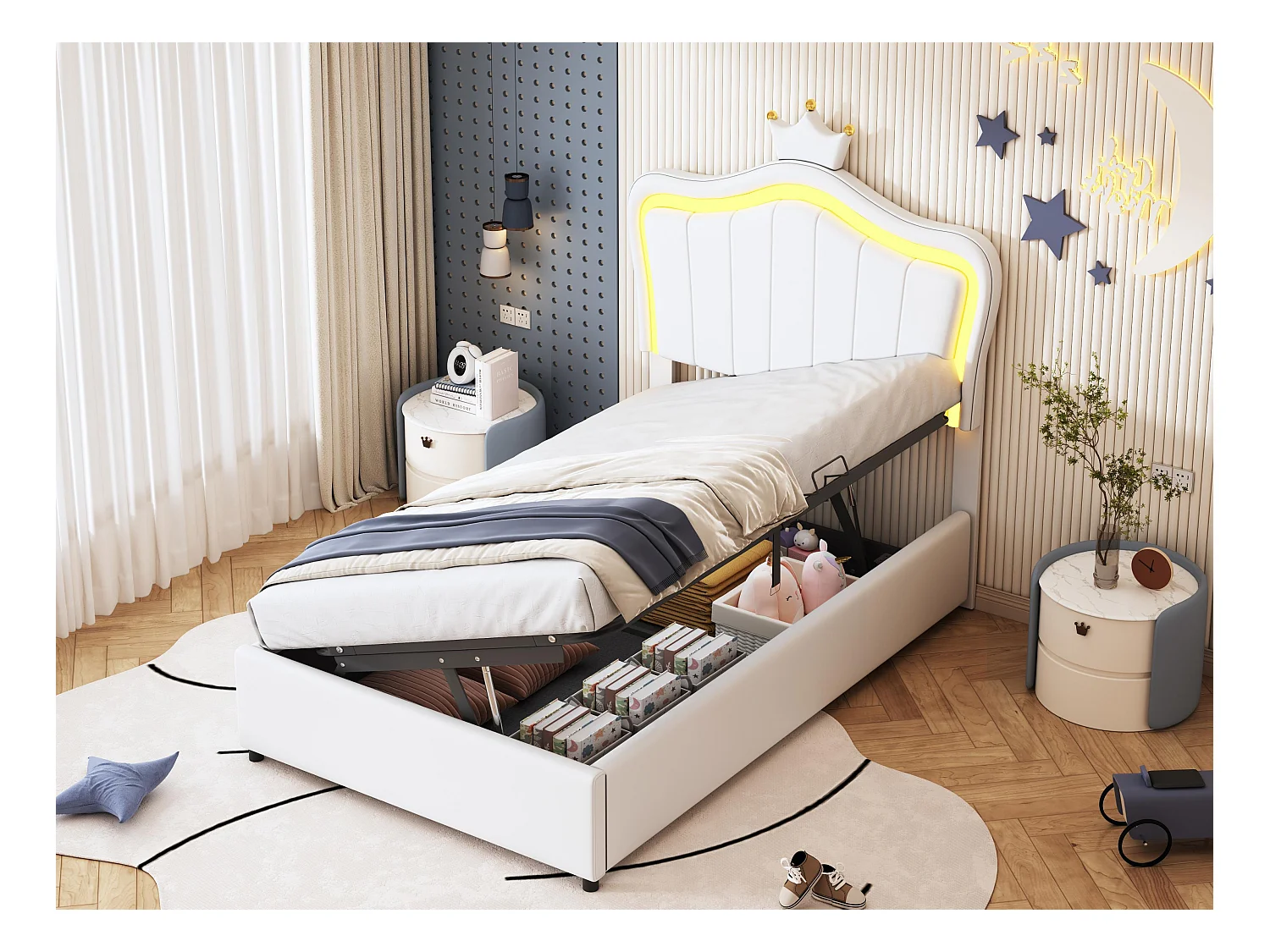 Lit coffre en similicuir 90x200 cm - avec LED et sommier à lattes - Blanc