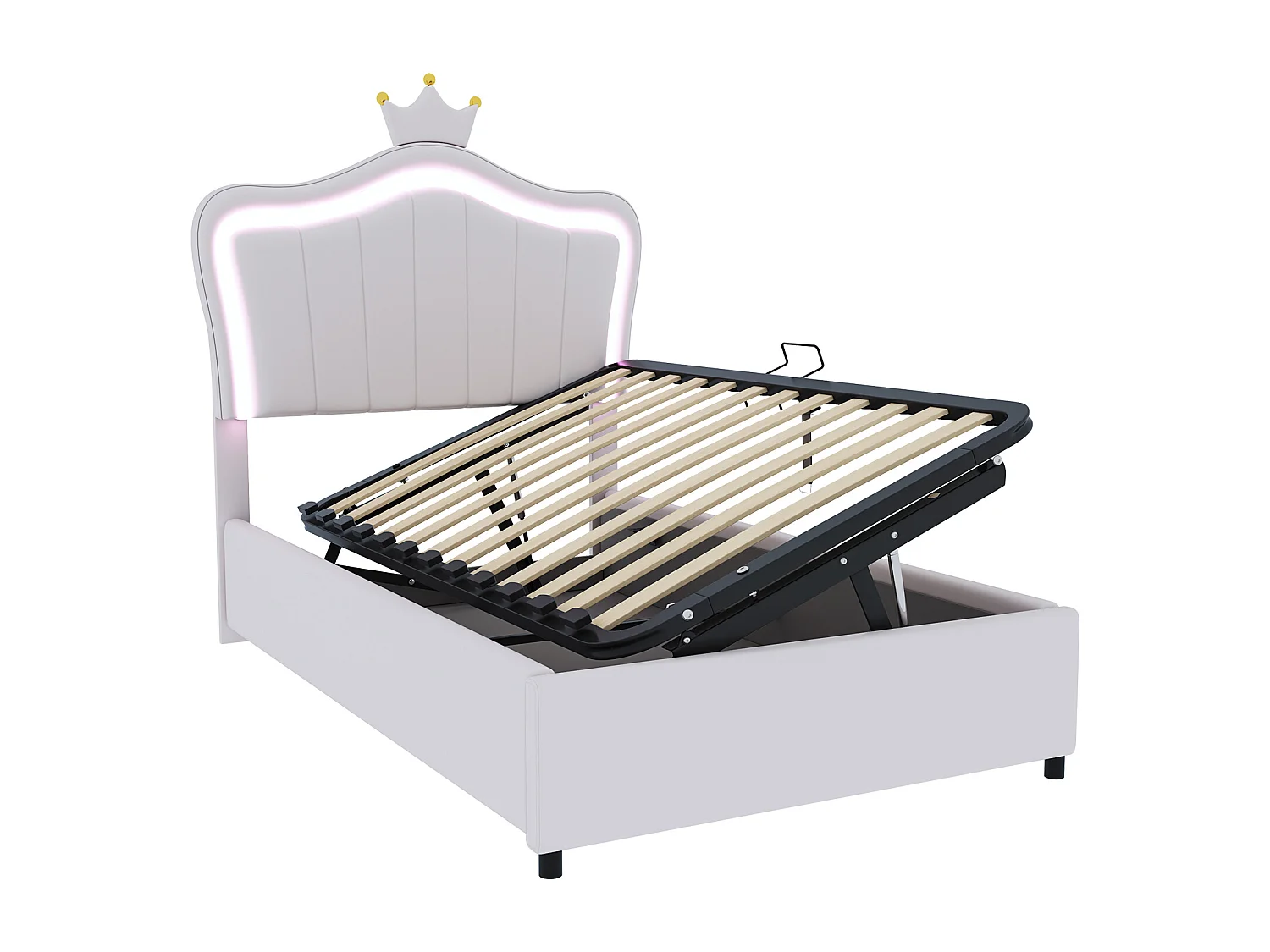 Letto contenitore 90x200 cm in ecopelle - con LED e rete a doghe - Bianco