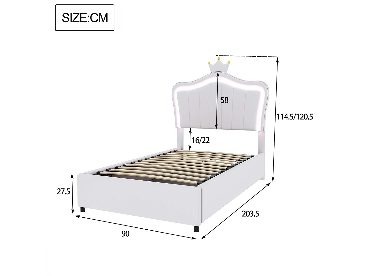 Letto contenitore 90x200 cm in ecopelle - con LED e rete a doghe - Bianco