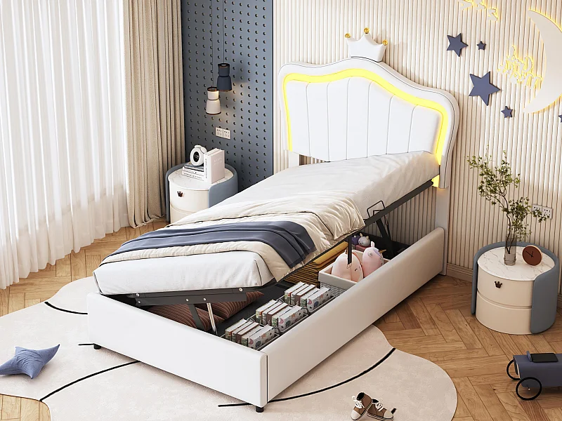 Cama de arrumação em pele sintética 90x200 cm - com LED e base de ripas - Branco