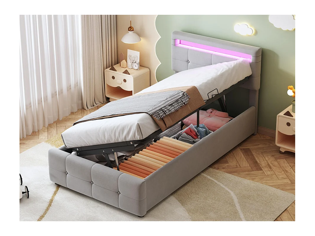Łóżko tapicerowane 90x200cm z weluru - z LED i stelażem na listwy - Szare