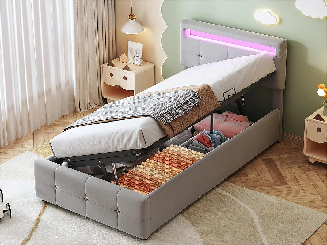 Lit coffre 90x200cm capitonné en velours - avec LED et sommier à lattes - Gris