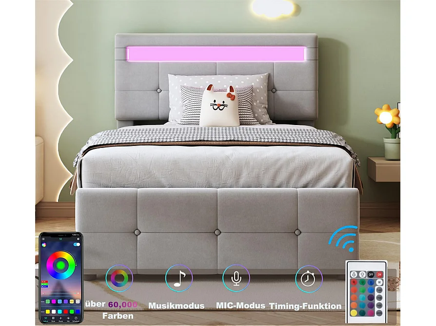 Lit coffre 90x200cm capitonné en velours - avec LED et sommier à lattes - Gris