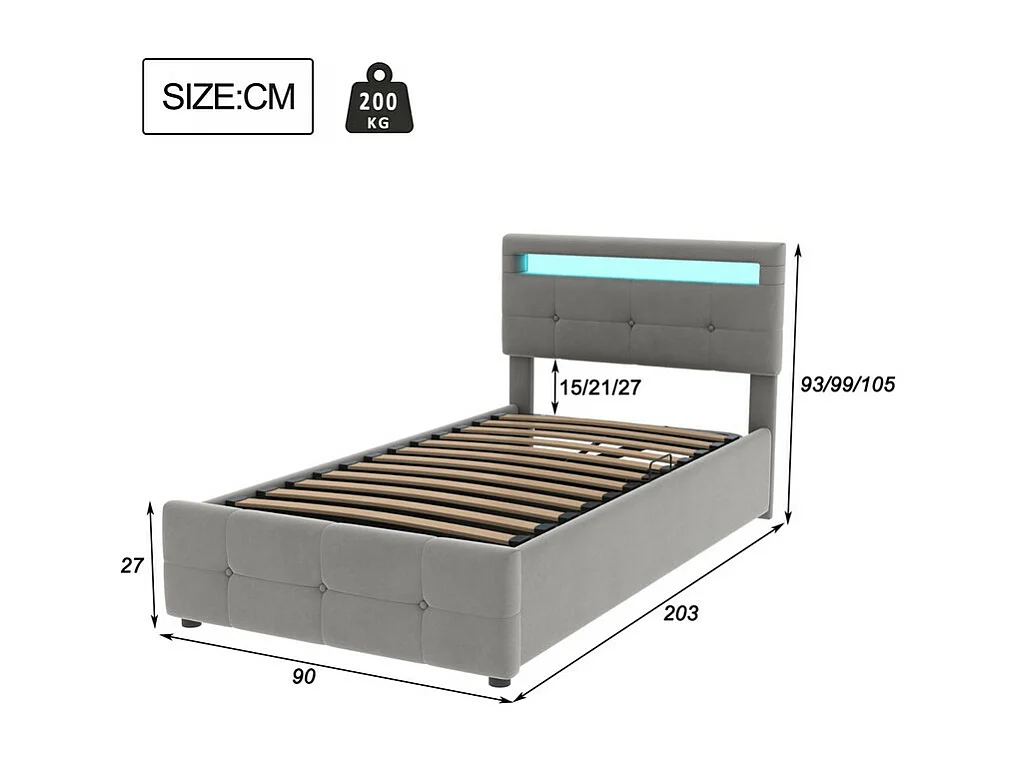 Lit coffre 90x200cm capitonné en velours - avec LED et sommier à lattes - Gris