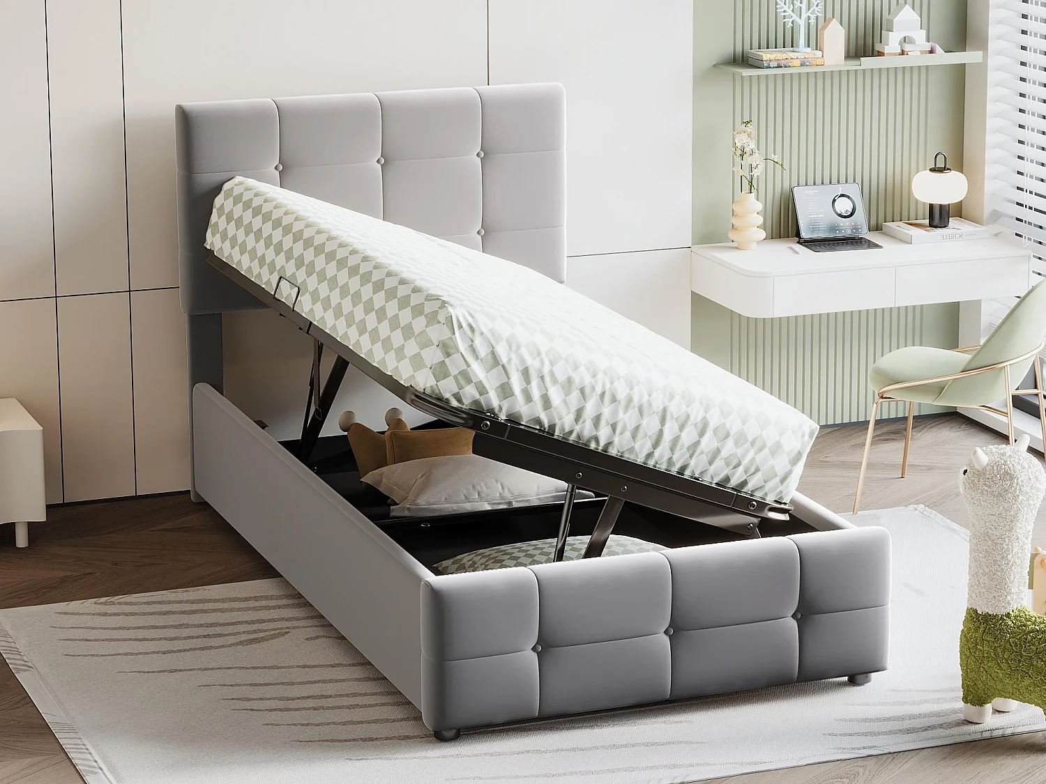 Lit coffre capitonné 90x200cm en velours - Gris