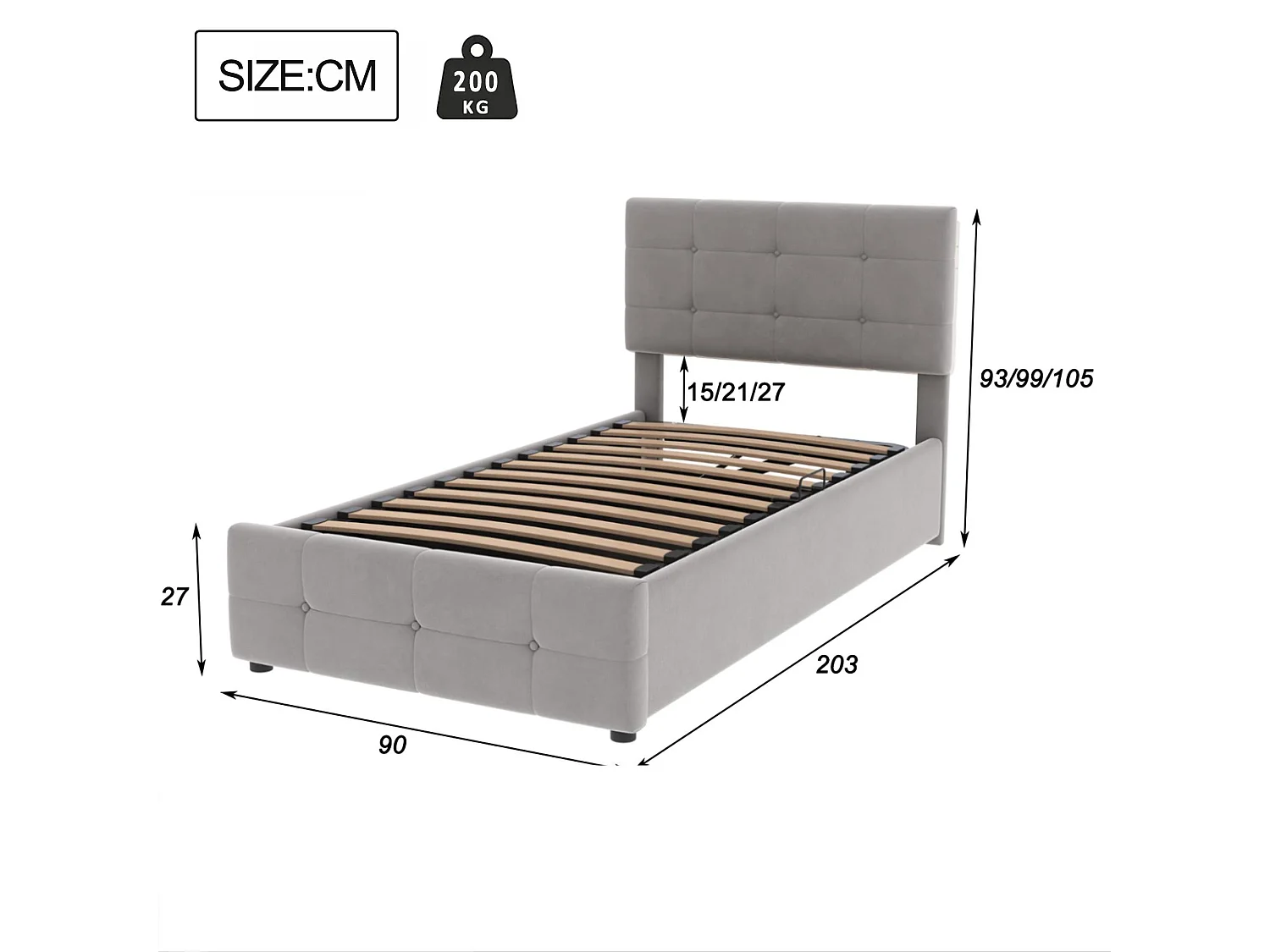 Lit coffre capitonné 90x200cm en velours - Gris