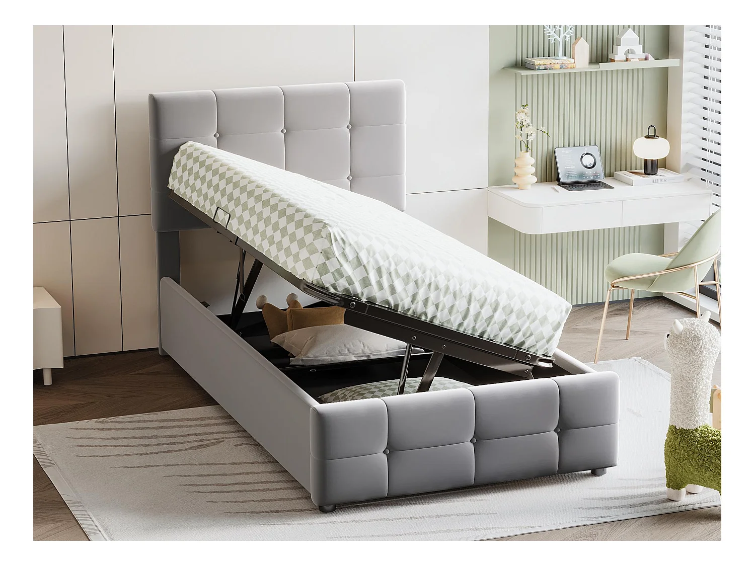 Lit coffre capitonné 90x200cm en velours - Gris