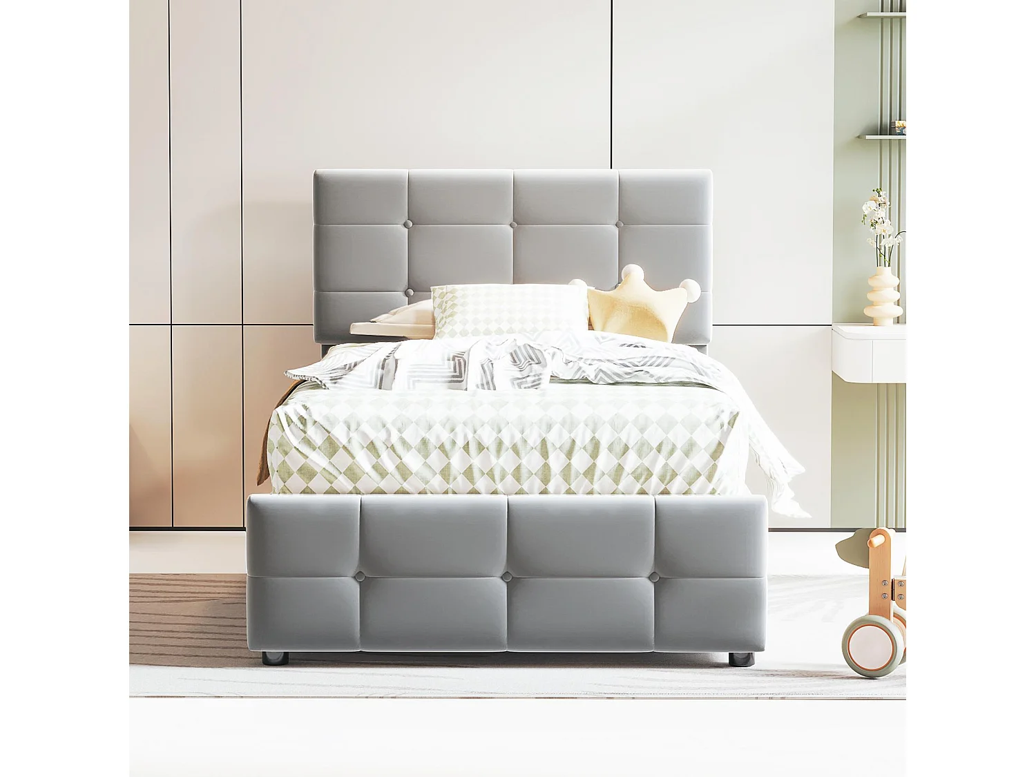 Gepolstertes Stauraumbett 90 x 200 cm aus Samt – Grau