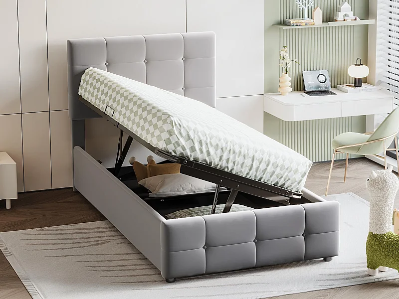 Cama de arrumação acolchoada 90x200cm em veludo - Cinza