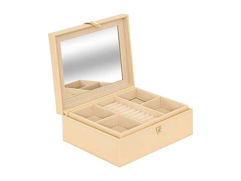 Boîte à bijoux beige avec miroir et 6 compartiments