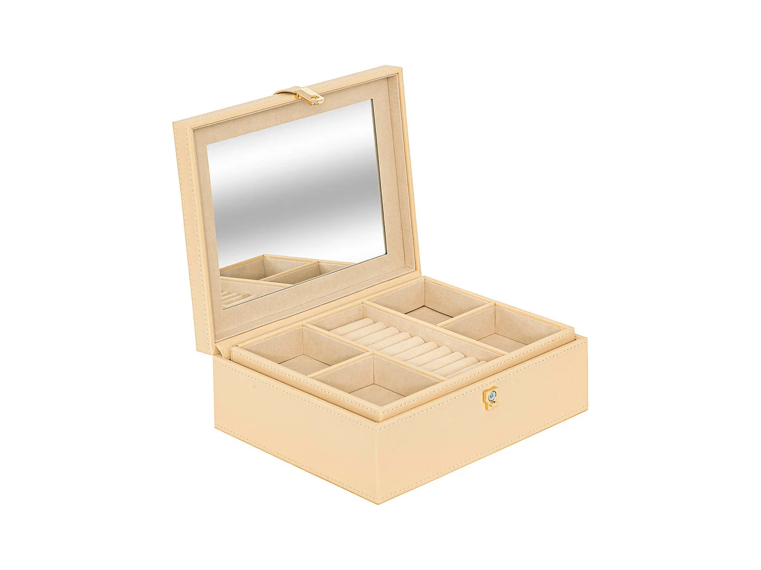 Boîte à bijoux beige avec miroir et 6 compartiments