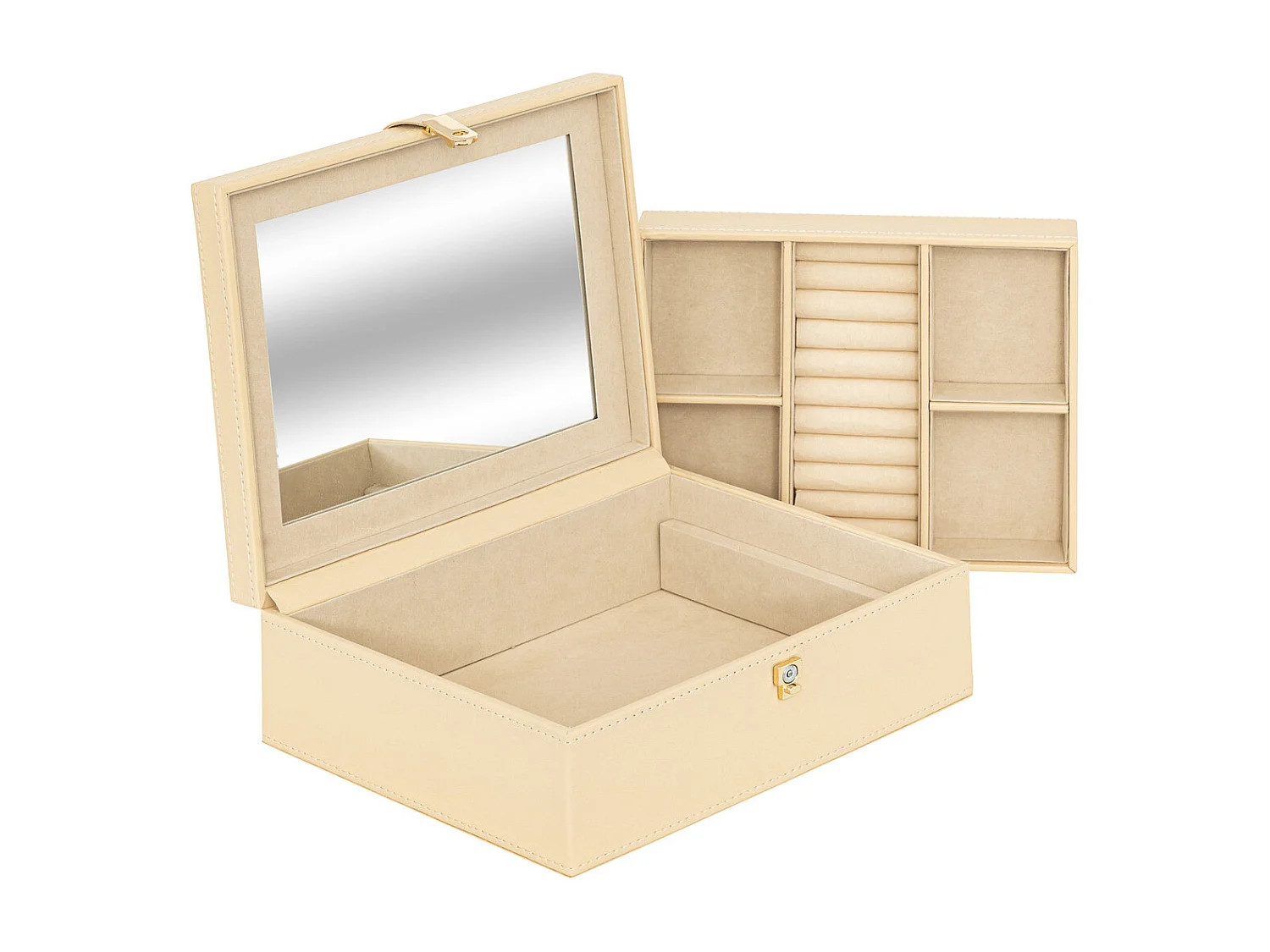 Boîte à bijoux beige avec miroir et 6 compartiments
