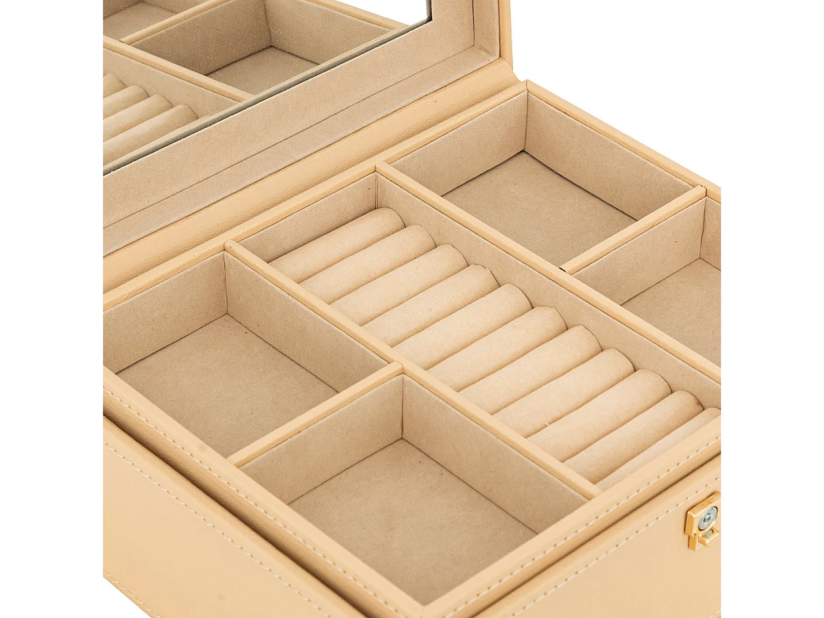 Boîte à bijoux beige avec miroir et 6 compartiments