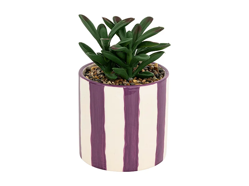 Plante grasse artificielle dans un pot en céramique à rayure mauve H 16.5 cm