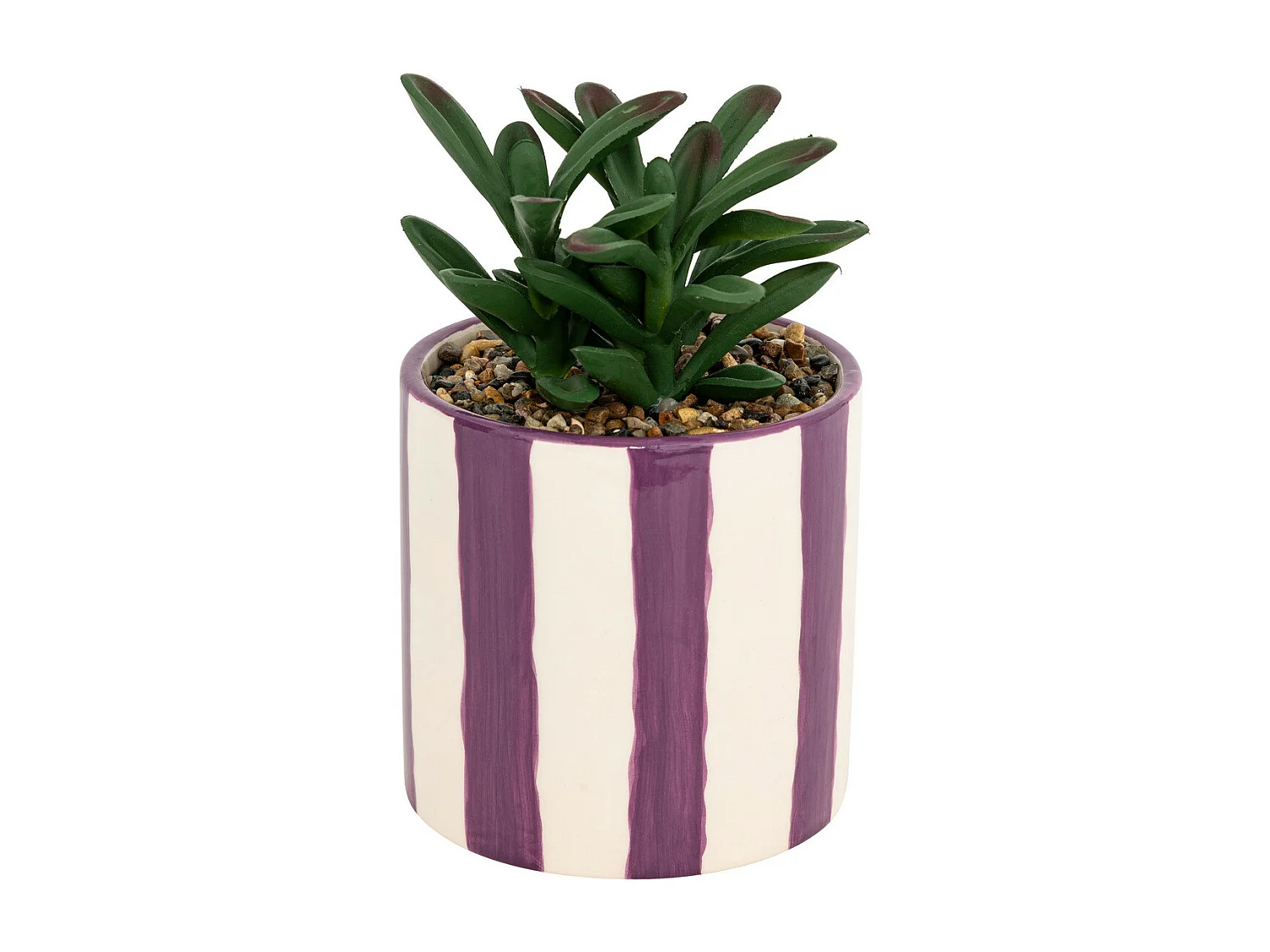 Plante grasse artificielle dans un pot en céramique à rayure mauve H 16.5 cm