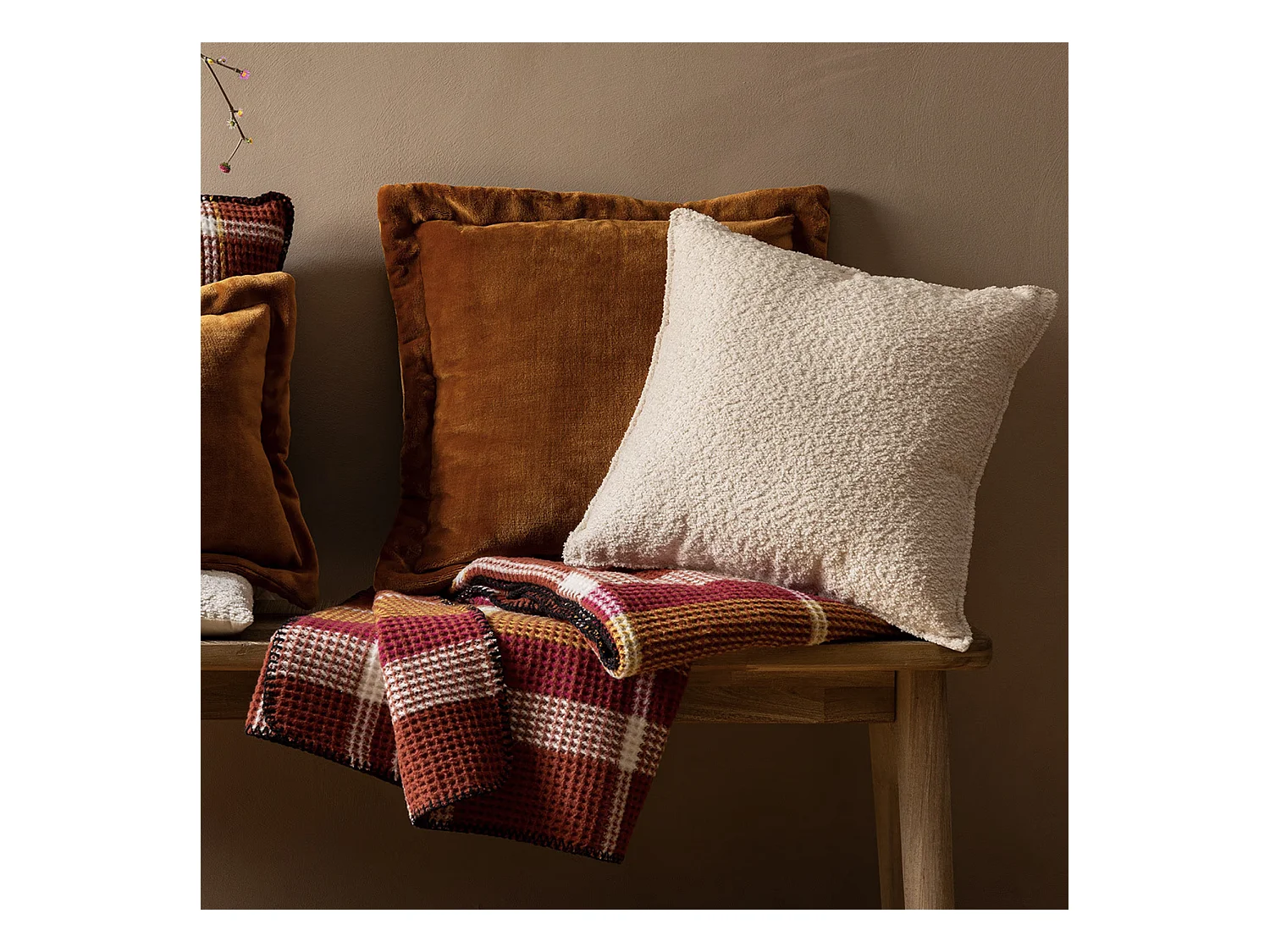 Plaid Nid d'abeille motif tartant Terracotta 130 x 180 cm