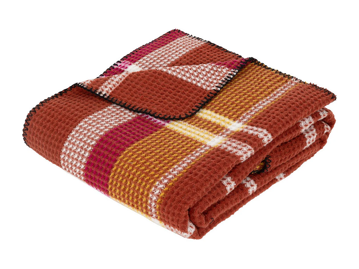 Plaid Nid d'abeille motif tartant Terracotta 130 x 180 cm