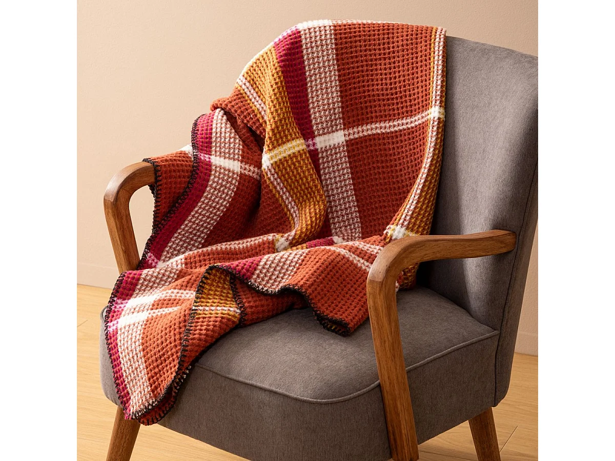 Plaid Nid d'abeille motif tartant Terracotta 130 x 180 cm