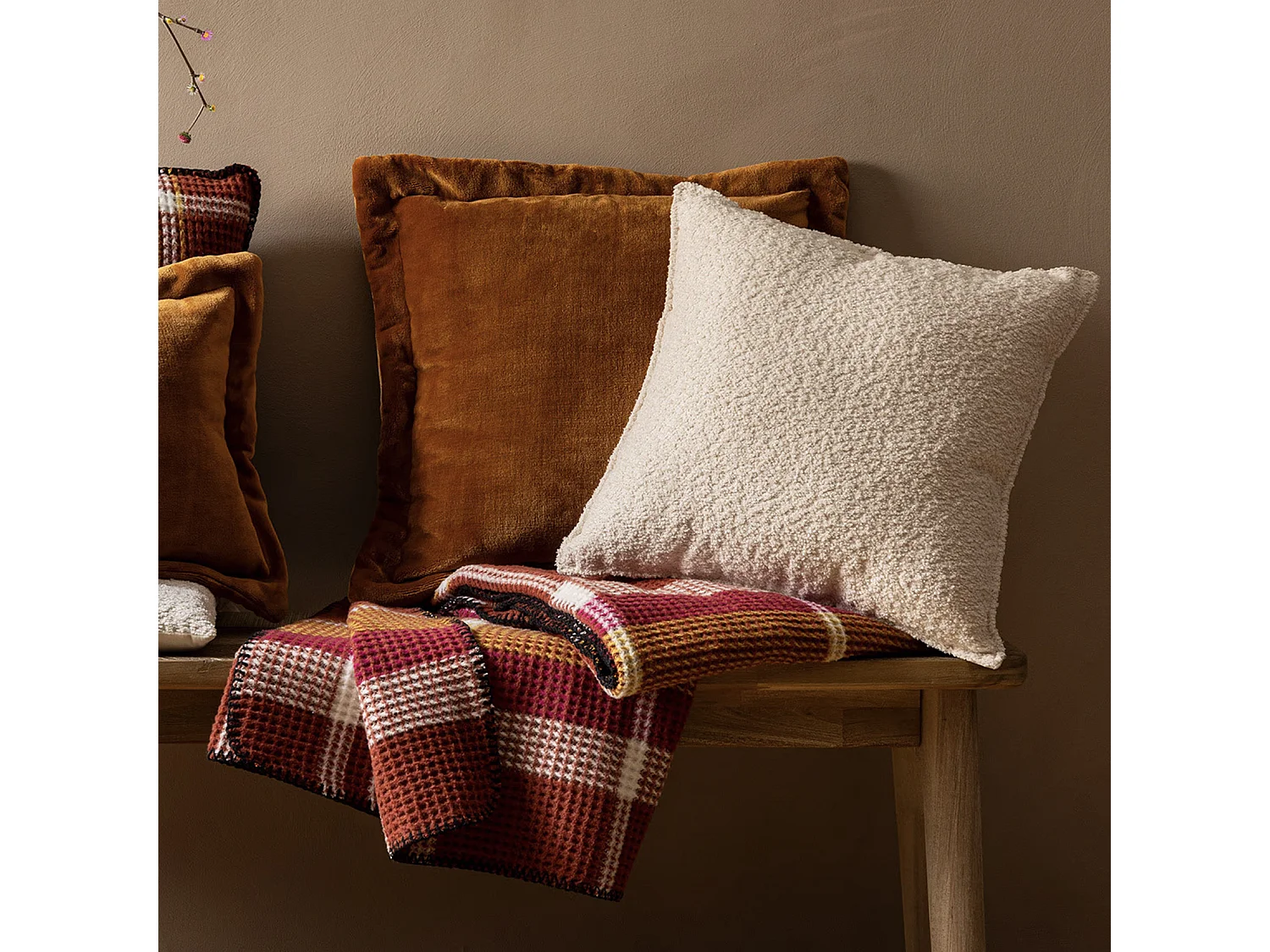 Plaid Nid d'abeille motif tartant Terracotta 130 x 180 cm