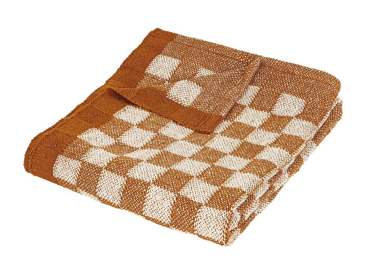 Plaid tricot motif Damier tufté Jaune ocre 130 x 180 cm