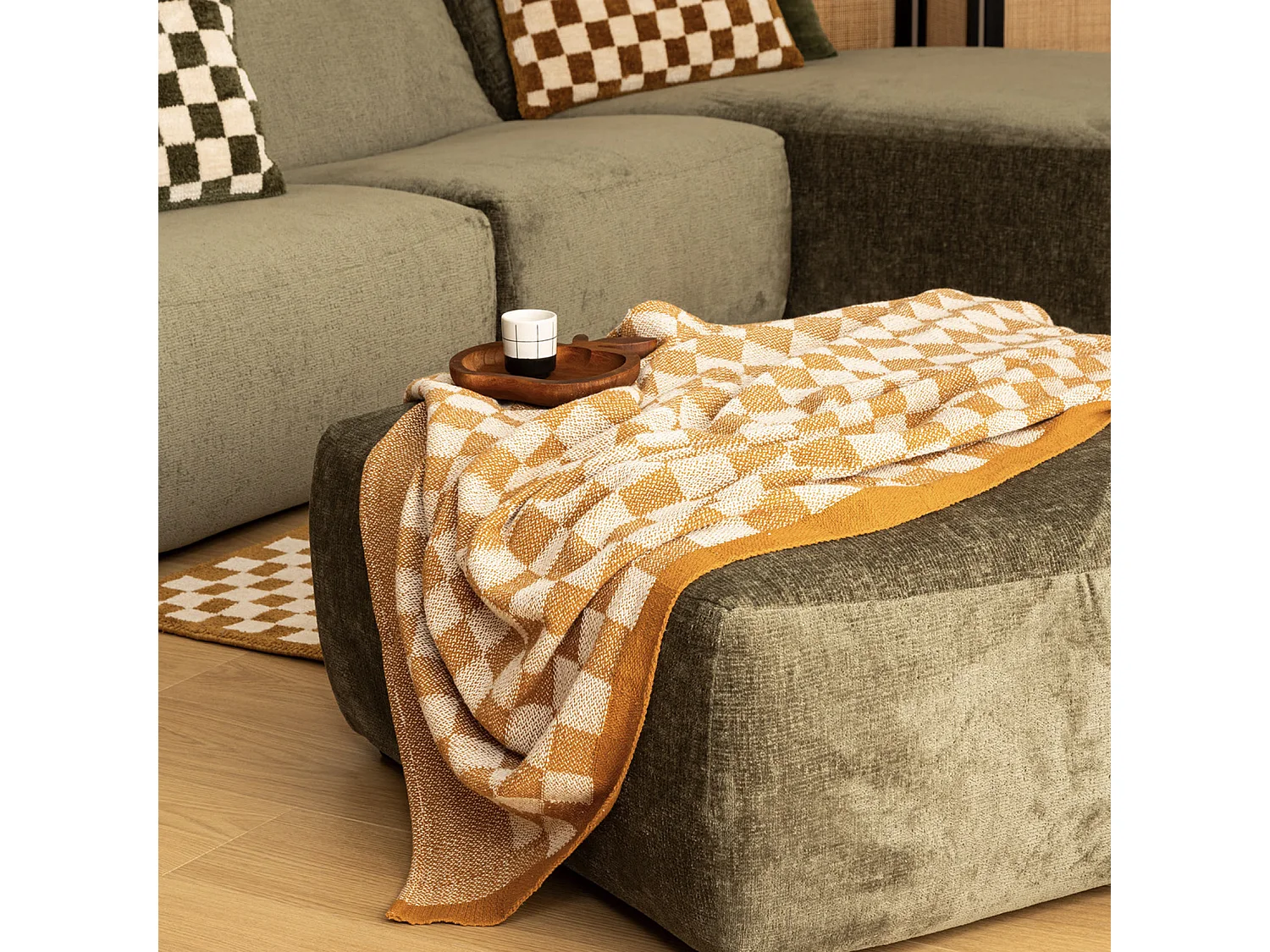 Plaid tricot motif Damier tufté Jaune ocre 130 x 180 cm