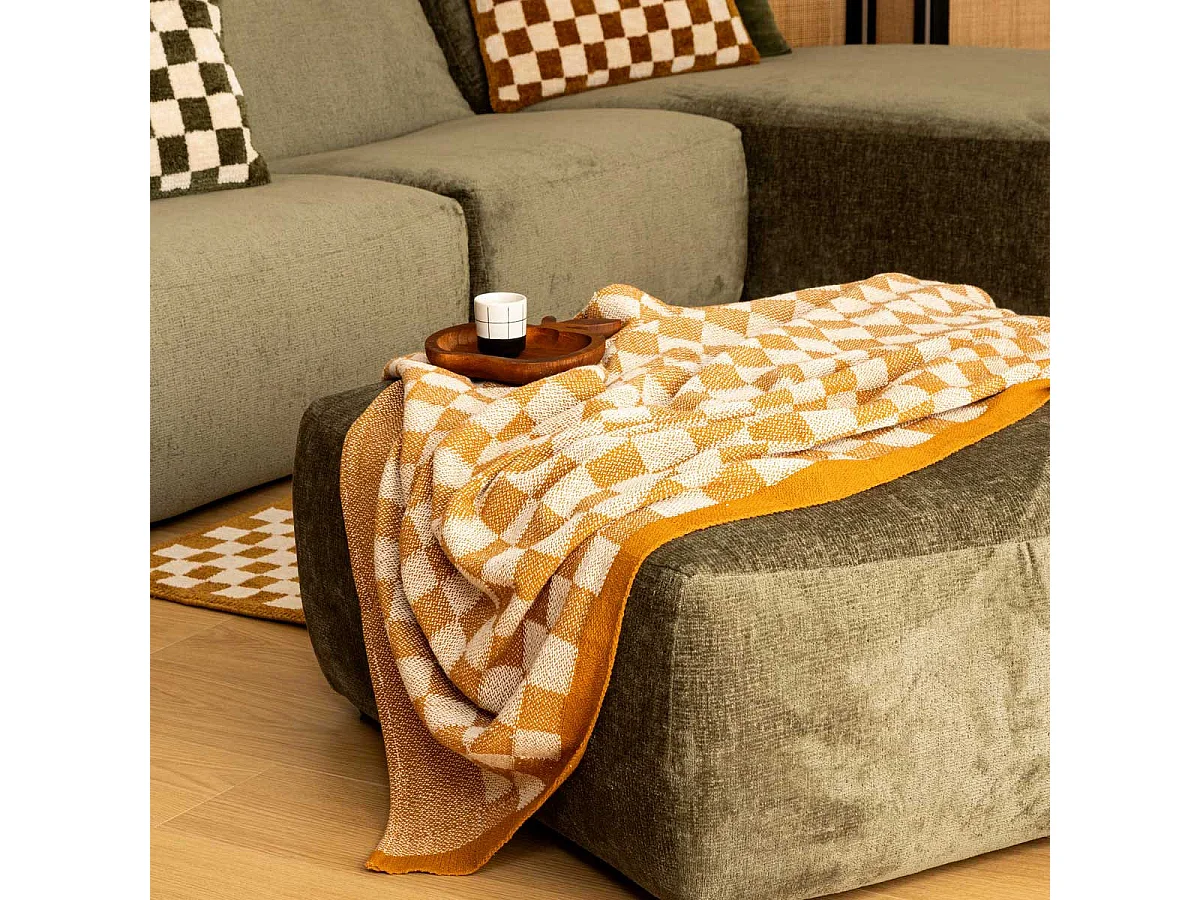 Plaid tricot motif Damier tufté Jaune ocre 130 x 180 cm