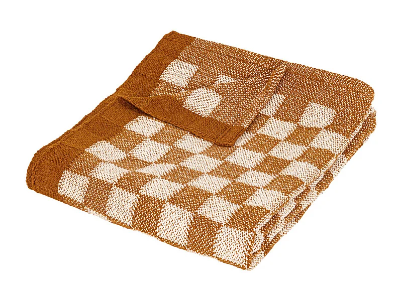 Plaid tricot motif Damier tufté Jaune ocre 130 x 180 cm