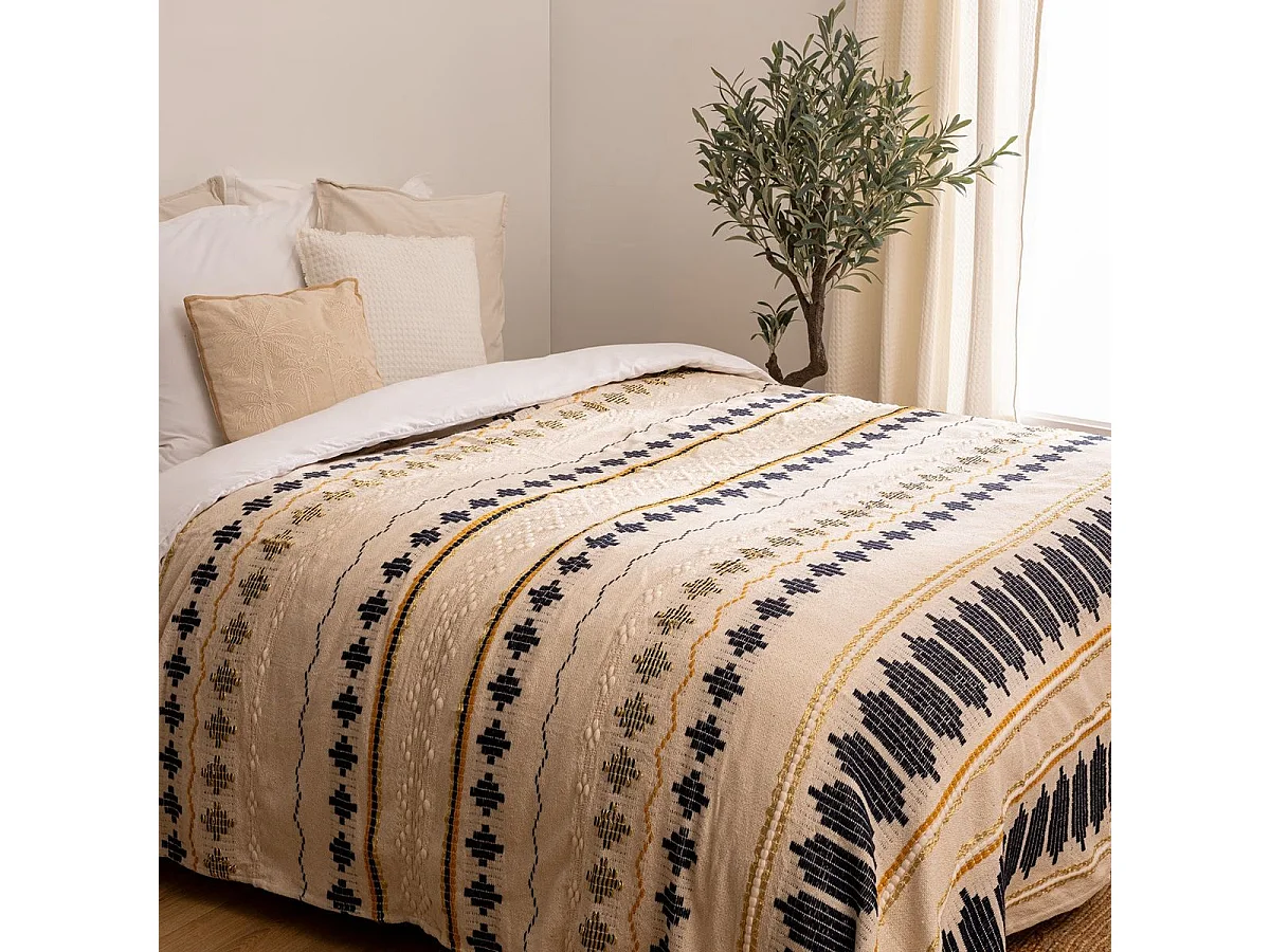 Dessus de Lit en Coton Ivoire Bleu et Ocre 240 x 260 cm