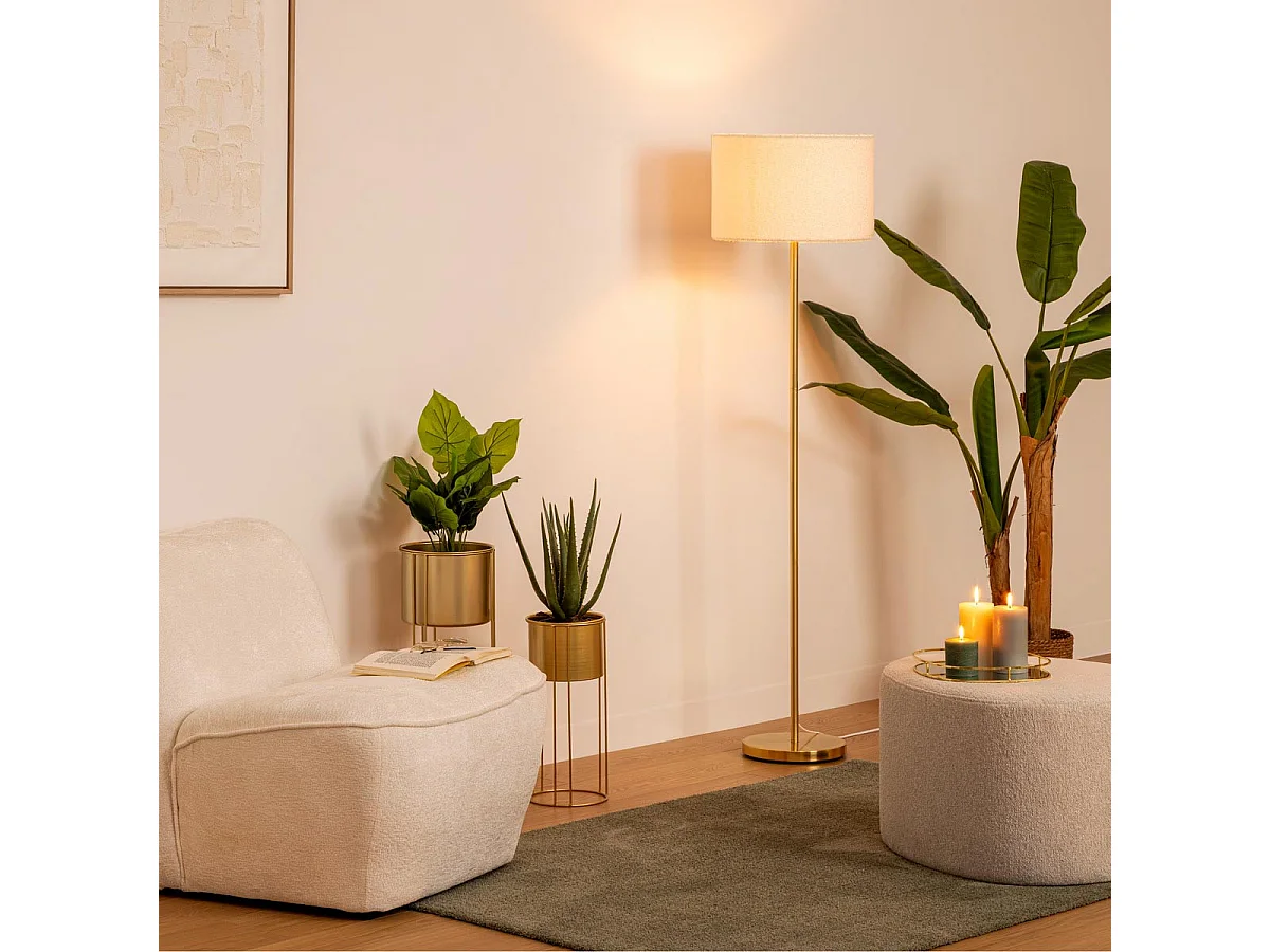 Lampadaire en métal Doré et abat-jour en Bouclettes Blanches H 150 cm