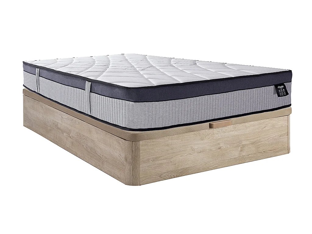 Set aus Bettgestell mit Bettkasten + Matratze - 140 x 190 cm - Hybridmatratze - 5-Zonen-Taschenfederkern & Memory Schaum - Stärke 30 cm - Holzfarben hell - PATNOS von YSMÉE
