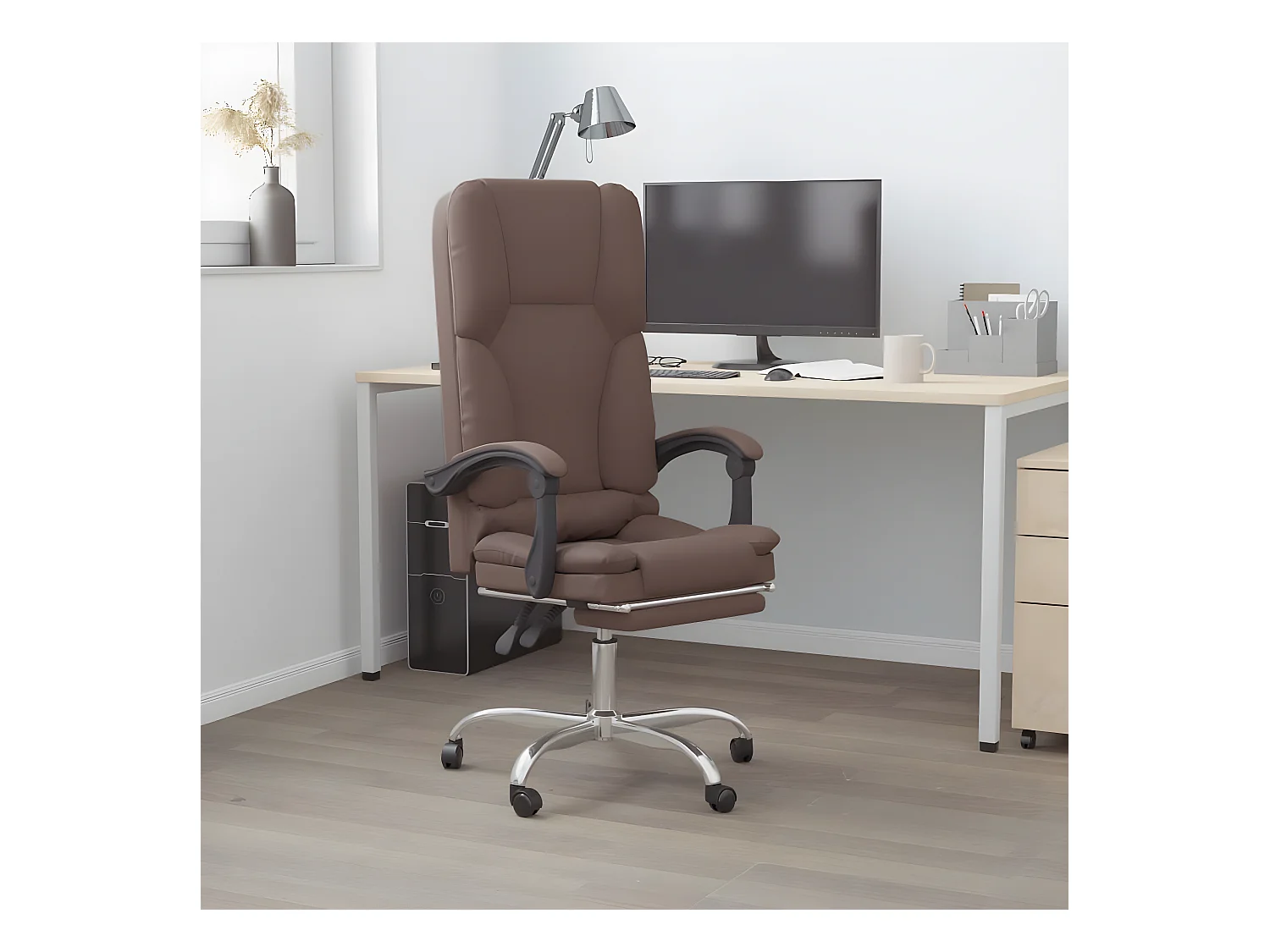 Silla de oficina reclinable masaje cuero sintético marrón