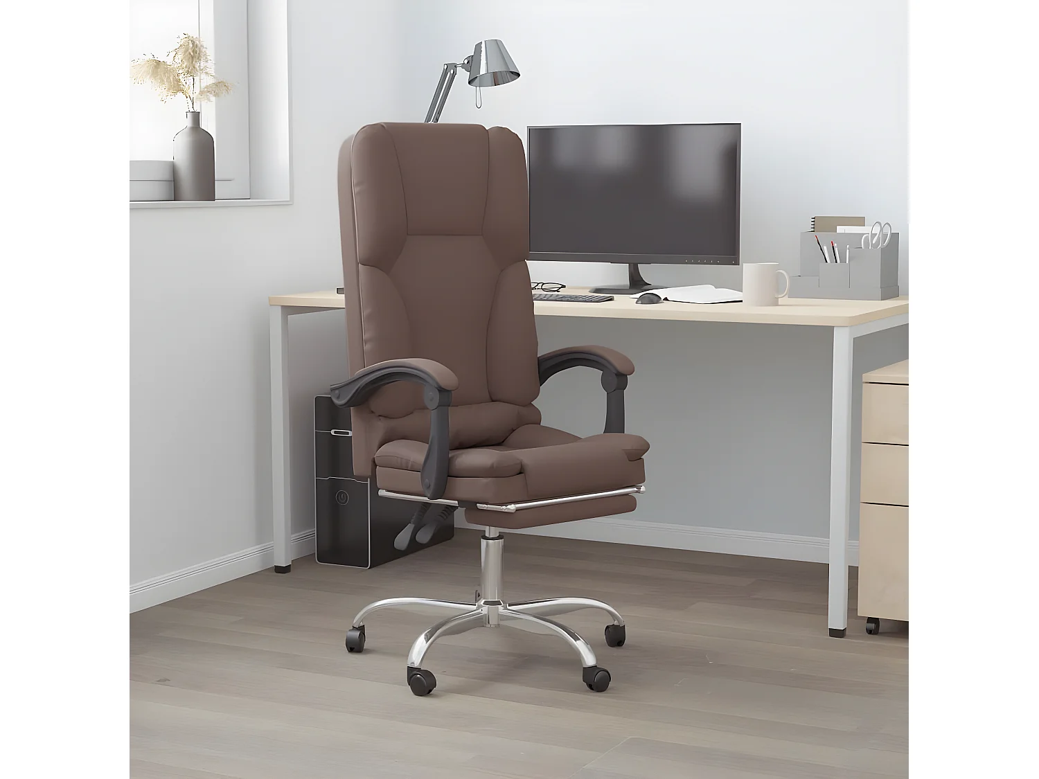 Silla de oficina reclinable masaje cuero sintético marrón