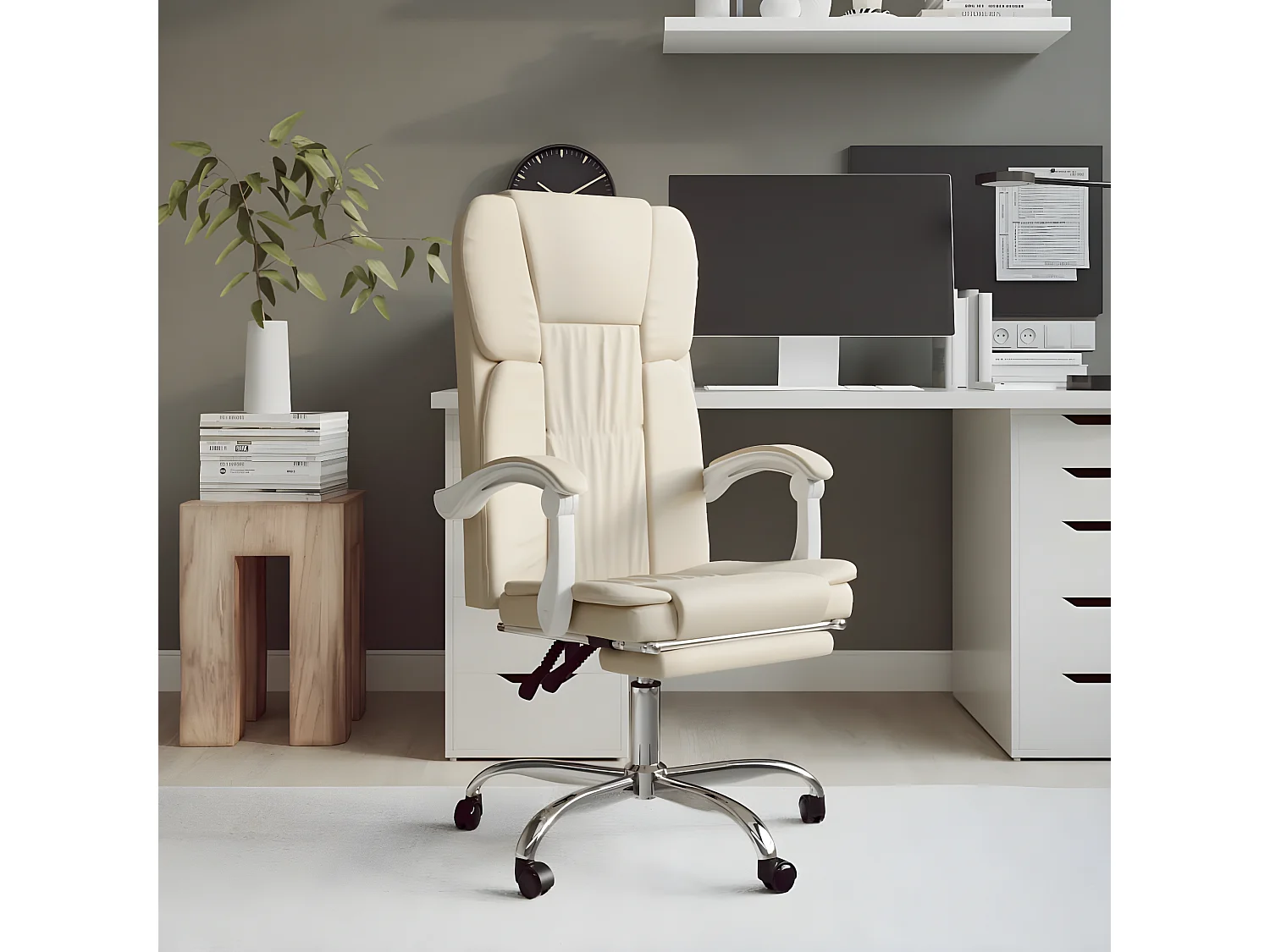 Cadeira de escritório reclinável couro artificial cor creme