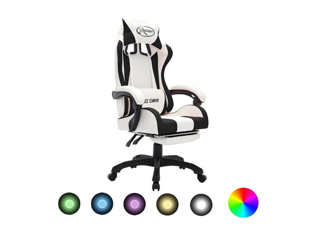 Cadeira estilo corrida luzes LED RGB couro artif. preto/branco